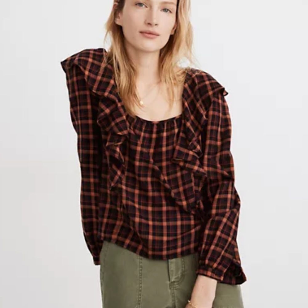 Madewell plaid ruffled square neck‎ blouse